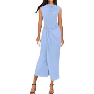 image:imageBTFBM Dresses for Women 2026 Summer Clothes Formal Bodycon Mock Neck Cap Sleeve Midi Party Cocktail Wedding Guest DressLight Blue