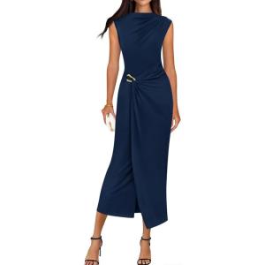 image:imageBTFBM Dresses for Women 2026 Summer Clothes Formal Bodycon Mock Neck Cap Sleeve Midi Party Cocktail Wedding Guest DressNavy Blue
