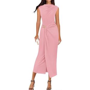 image:imageBTFBM Dresses for Women 2026 Summer Clothes Formal Bodycon Mock Neck Cap Sleeve Midi Party Cocktail Wedding Guest DressPink
