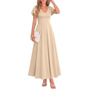 image:imageBTFBM Formal Dresses for Women Summer Outfits V Neck Ruffle Sleeve A Line Maxi Elegant Cocktail Wedding Guest Dress 2026Apricot