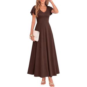 image:imageBTFBM Formal Dresses for Women Summer Outfits V Neck Ruffle Sleeve A Line Maxi Elegant Cocktail Wedding Guest Dress 2026Brown