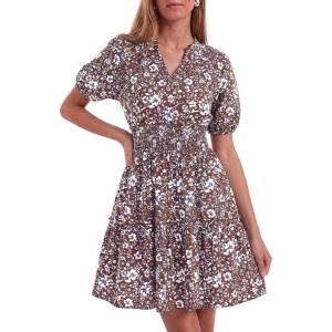 image:imageBTFBM Summer Mini Dresses for Women 2026 Ruffle Short Sleeve Elastic Waist Floral Beach Vacation Wedding Guest DressBrown Blue White