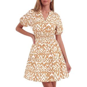 image:imageBTFBM Summer Mini Dresses for Women 2026 Ruffle Short Sleeve Elastic Waist Floral Beach Vacation Wedding Guest DressFloral Khaki