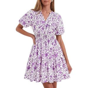 image:imageBTFBM Summer Mini Dresses for Women 2026 Ruffle Short Sleeve Elastic Waist Floral Beach Vacation Wedding Guest DressFloral White Purple