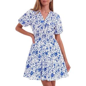 image:imageBTFBM Summer Mini Dresses for Women 2026 Ruffle Short Sleeve Elastic Waist Floral Beach Vacation Wedding Guest DressWhite Blue Flower