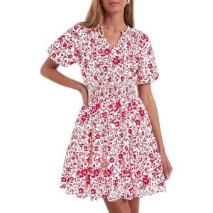 image:imageBTFBM Summer Mini Dresses for Women 2026 Ruffle Short Sleeve Elastic Waist Floral Beach Vacation Wedding Guest DressWhite Red Flower