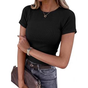 image:imageBTFBM Summer Tops for Women 2026 Crew Neck Rolled Sleeve T Shirts Knit Slim Basic Casual Spring Top Workout Y2k ClothesBlack