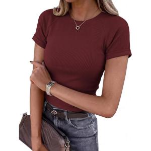 image:imageBTFBM Summer Tops for Women 2026 Crew Neck Rolled Sleeve T Shirts Knit Slim Basic Casual Spring Top Workout Y2k ClothesBurgundy