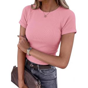 image:imageBTFBM Summer Tops for Women 2026 Crew Neck Rolled Sleeve T Shirts Knit Slim Basic Casual Spring Top Workout Y2k ClothesDusty Pink