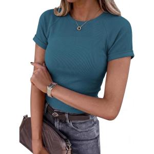 image:imageBTFBM Summer Tops for Women 2026 Crew Neck Rolled Sleeve T Shirts Knit Slim Basic Casual Spring Top Workout Y2k ClothesLake Blue