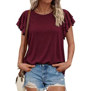 image:imageBTFBM Summer Tops for Women 2026 Crew Neck Ruffle Short Sleeve Shirts Loose Tunic Casual Spring BlousesBurgundy