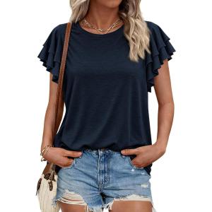 image:imageBTFBM Summer Tops for Women 2026 Crew Neck Ruffle Short Sleeve Shirts Loose Tunic Casual Spring BlousesNavy Blue