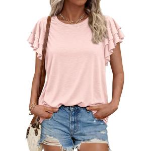 image:imageBTFBM Summer Tops for Women 2026 Crew Neck Ruffle Short Sleeve Shirts Loose Tunic Casual Spring BlousesPink
