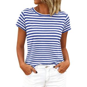 image:imageBTFBM Tops for Women Trendy Summer 2026 Crew Neck Short Sleeve T Shirts Striped Casual Vacation Blouse Basic TeeBlue White