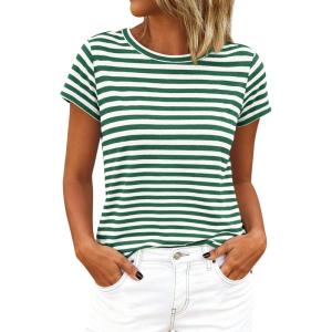 image:imageBTFBM Tops for Women Trendy Summer 2026 Crew Neck Short Sleeve T Shirts Striped Casual Vacation Blouse Basic TeeGreen White