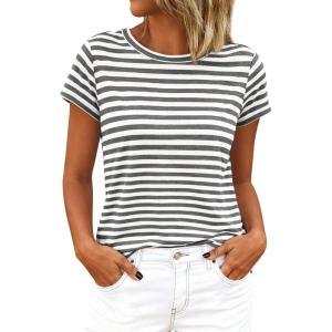 image:imageBTFBM Tops for Women Trendy Summer 2026 Crew Neck Short Sleeve T Shirts Striped Casual Vacation Blouse Basic TeeGrey White