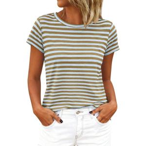image:imageBTFBM Tops for Women Trendy Summer 2026 Crew Neck Short Sleeve T Shirts Striped Casual Vacation Blouse Basic TeeLight Blue Khaki