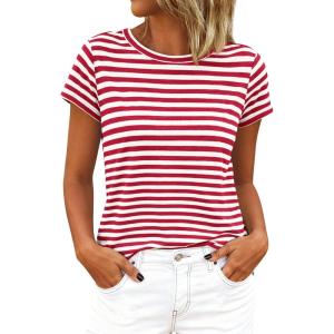 image:imageBTFBM Tops for Women Trendy Summer 2026 Crew Neck Short Sleeve T Shirts Striped Casual Vacation Blouse Basic TeeRed White