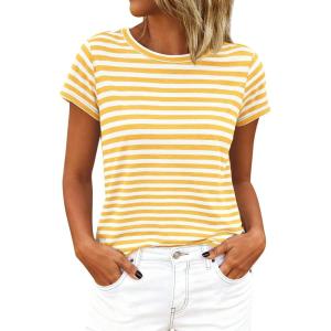 image:imageBTFBM Tops for Women Trendy Summer 2026 Crew Neck Short Sleeve T Shirts Striped Casual Vacation Blouse Basic TeeYellow White