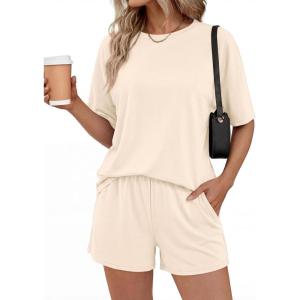 image:imageBTFBM 2 Piece Lounge Sets For Women 2026 Summer Airport Travel Vacation Outfits Loose Matching Clothing Spring Short SetBeige