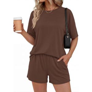 image:imageBTFBM 2 Piece Lounge Sets For Women 2026 Summer Airport Travel Vacation Outfits Loose Matching Clothing Spring Short SetBrown