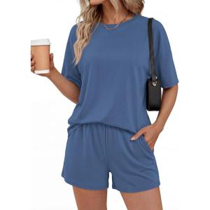 image:imageBTFBM 2 Piece Lounge Sets For Women 2026 Summer Airport Travel Vacation Outfits Loose Matching Clothing Spring Short SetGrey Blue