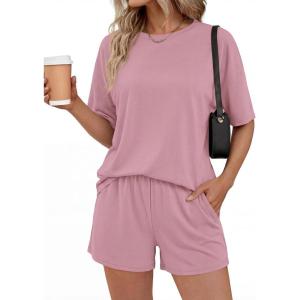 image:imageBTFBM 2 Piece Lounge Sets For Women 2026 Summer Airport Travel Vacation Outfits Loose Matching Clothing Spring Short SetPink