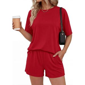 image:imageBTFBM 2 Piece Lounge Sets For Women 2026 Summer Airport Travel Vacation Outfits Loose Matching Clothing Spring Short SetRed