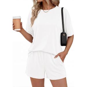 image:imageBTFBM 2 Piece Lounge Sets For Women 2026 Summer Airport Travel Vacation Outfits Loose Matching Clothing Spring Short SetWhite