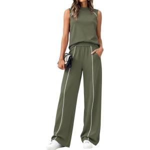 image:imageBTFBM Two Piece Sets for Women Summer Outfits 2026 Lounge Sets Mock Neck Tops Wide Leg Pants Travel Fashion ClothingArmy Green