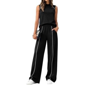 image:imageBTFBM Two Piece Sets for Women Summer Outfits 2026 Lounge Sets Mock Neck Tops Wide Leg Pants Travel Fashion ClothingBlack