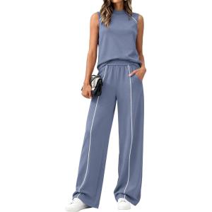 image:imageBTFBM Two Piece Sets for Women Summer Outfits 2026 Lounge Sets Mock Neck Tops Wide Leg Pants Travel Fashion ClothingGrey Blue