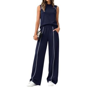 image:imageBTFBM Two Piece Sets for Women Summer Outfits 2026 Lounge Sets Mock Neck Tops Wide Leg Pants Travel Fashion ClothingNavy Blue