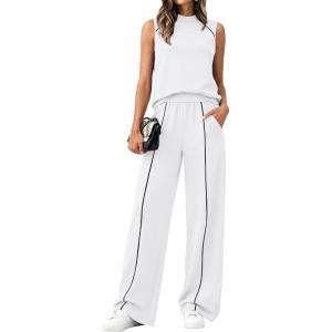 image:imageBTFBM Two Piece Sets for Women Summer Outfits 2026 Lounge Sets Mock Neck Tops Wide Leg Pants Travel Fashion ClothingWhite