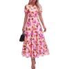 image:imageBTFBM Summer Dresses for Women 2026 Mesh Short Sleeve Floral Print Ruffle Long Boho Wedding Guest Dress CocktailFloral Pink Purple