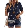 image:imageBTFBM Womens Summer Boho Tops Casual V Neck Short Sleeve Blouses Floral Print Shirt Tie Front Beach Vacation Fashion ClothingFloral Navy Apricot