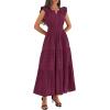 image:imageBTFBM Womens Summer Maxi Dress 2026 Spring Boho Vacation Ruffle Flutter Short Sleeve A Line Tiered Flowy Dresses PocketsBurgundy