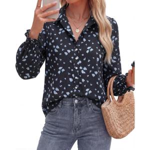 image:imageBTFBM Button Down Shirts for Women Floral Long Sleeve Lightweight Chiffon Blouses Spring Business Casual Work Tops 2026Floral Black Blue