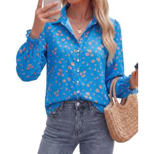 image:imageBTFBM Button Down Shirts for Women Floral Long Sleeve Lightweight Chiffon Blouses Spring Business Casual Work Tops 2026Floral Blue Orange