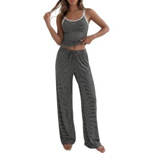 image:imageBTFBM Lounge Sets For Women 2026 Striped 2 Piece Sets Spaghetti Strap Summer Tops Wide Leg Pants Beach Vacation OutfitsStriped Black White