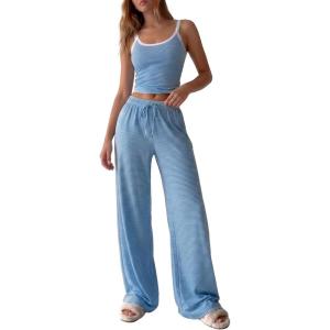image:imageBTFBM Lounge Sets For Women 2026 Striped 2 Piece Sets Spaghetti Strap Summer Tops Wide Leg Pants Beach Vacation OutfitsStriped Blue White