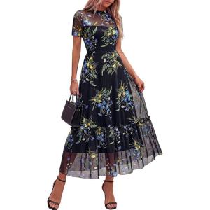 image:imageBTFBM Summer Dresses for Women 2026 Mesh Short Sleeve Floral Print Ruffle Long Boho Wedding Guest Dress CocktailFloral Black Blue