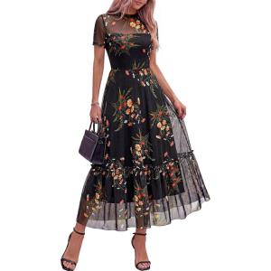 image:imageBTFBM Summer Dresses for Women 2026 Mesh Short Sleeve Floral Print Ruffle Long Boho Wedding Guest Dress CocktailFloral Black Yellow