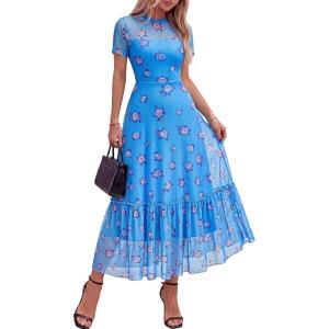 image:imageBTFBM Summer Dresses for Women 2026 Mesh Short Sleeve Floral Print Ruffle Long Boho Wedding Guest Dress CocktailFloral Light Blue Purple