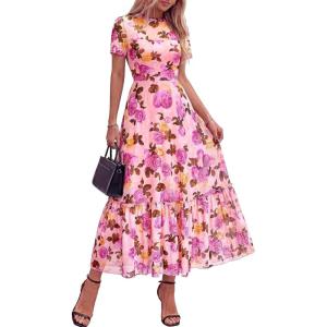 image:imageBTFBM Summer Dresses for Women 2026 Mesh Short Sleeve Floral Print Ruffle Long Boho Wedding Guest Dress CocktailFloral Pink Purple