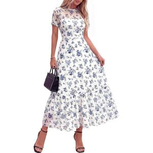 image:imageBTFBM Summer Dresses for Women 2026 Mesh Short Sleeve Floral Print Ruffle Long Boho Wedding Guest Dress CocktailFloral White Blue