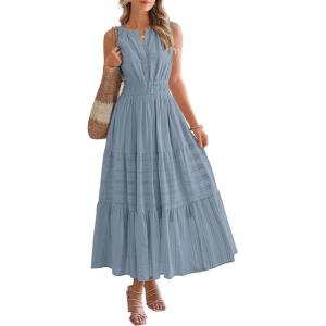 image:imageBTFBM Summer Dresses for Women 2026 Sleeveless Boho V Neck A Line Flowy Spring Casual Maxi Dress Beach Vacation PocketsBlue Grey
