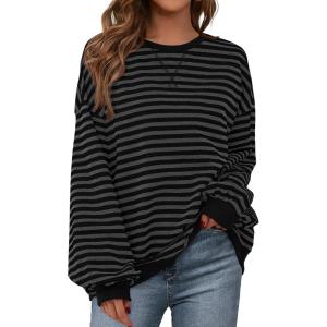 image:imageBTFBM Sweatshirt For Women 2026 Summer Crewneck Long Sleeve Oversized Striped Pullover Tops Y2K Clothes Workout ShirtBlack Dark Grey