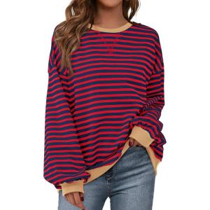 image:imageBTFBM Sweatshirt For Women 2026 Summer Crewneck Long Sleeve Oversized Striped Pullover Tops Y2K Clothes Workout ShirtRed Navy