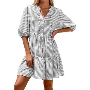 image:imageBTFBM Women Summer Dresses 2026 Striped Mini Dress Half Sleeve Button Down Tiered Flowy Beach Vacation Outfits PocketsBlack